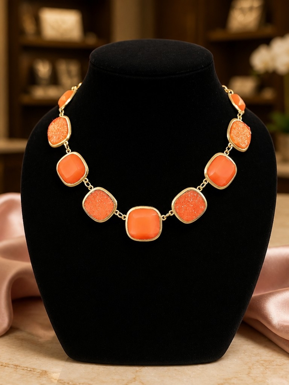 Gold-Tone Sparkle Orange Statement Necklace